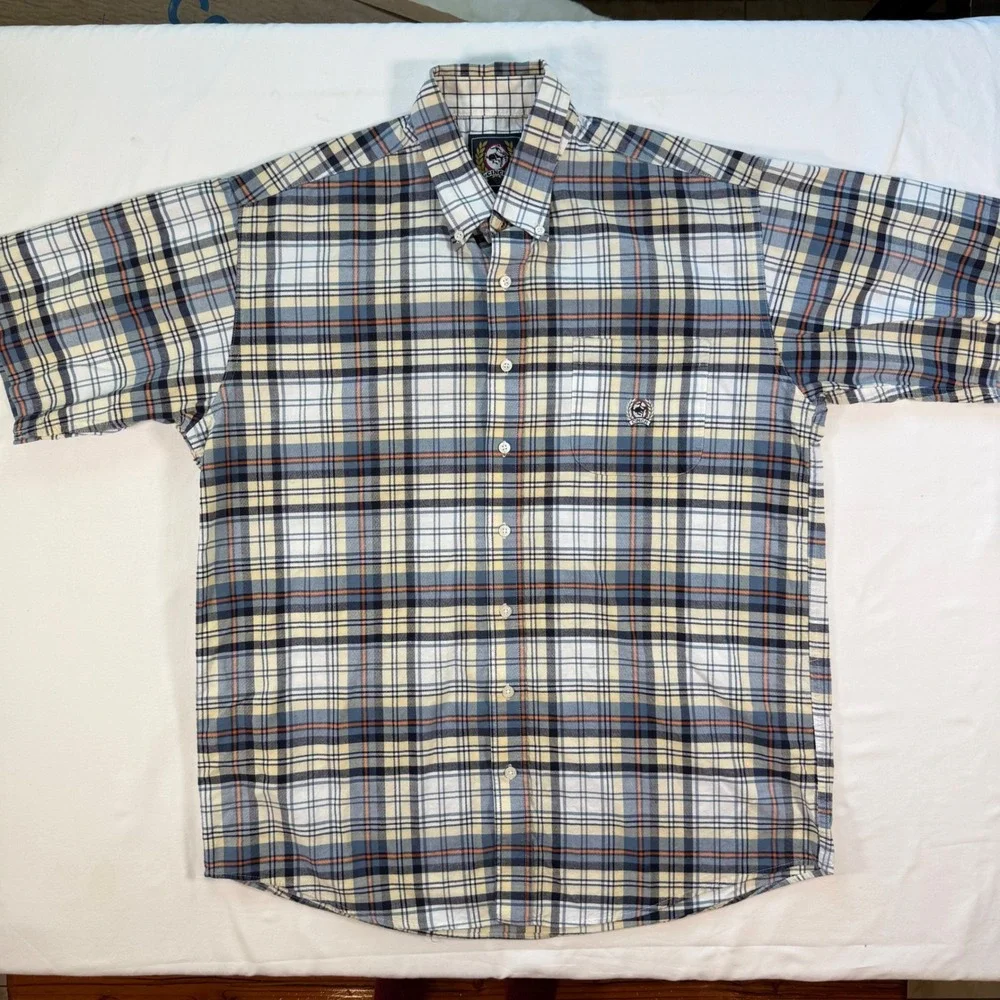 Cinch Mens Plaid Short Sleeve Button Down Western Shirt Blue Cream Orange Large